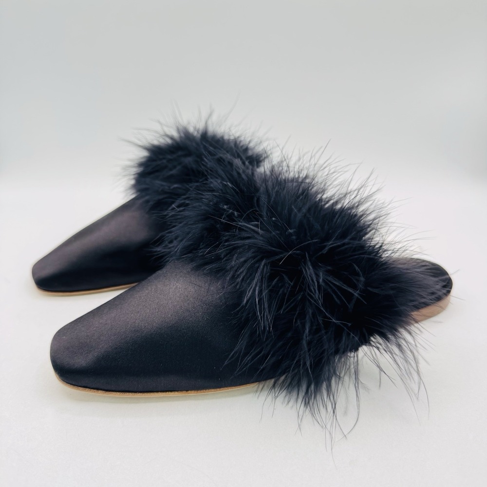 Sleeper Manon Mules Women's Size 8 EU 39 Black Silk Slippers Detachable Feathers